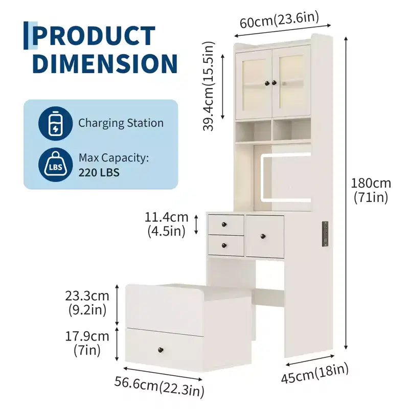 Coiffeuse compacte, bureau de coiffeuse de maquillage avec miroir et lumières, ensemble table de coiffeuse blanc avec station de recharge, petite coiffeuse pour filles et chaise de rangement