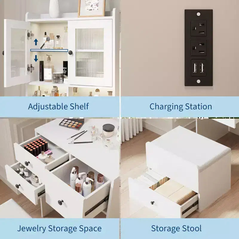 Coiffeuse compacte, bureau de coiffeuse de maquillage avec miroir et lumières, ensemble table de coiffeuse blanc avec station de recharge, petite coiffeuse pour filles et chaise de rangement