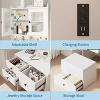 Coiffeuse compacte, bureau de coiffeuse de maquillage avec miroir et lumières, ensemble table de coiffeuse blanc avec station de recharge, petite coiffeuse pour filles et chaise de rangement