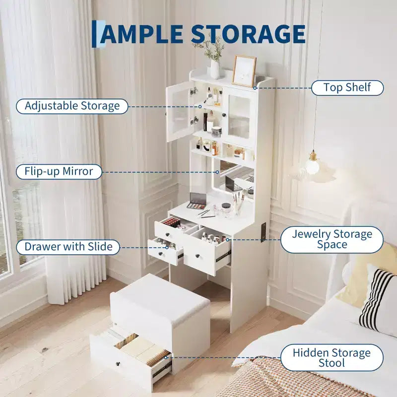 Coiffeuse compacte, bureau de coiffeuse de maquillage avec miroir et lumières, ensemble table de coiffeuse blanc avec station de recharge, petite coiffeuse pour filles et chaise de rangement