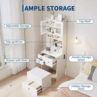 Coiffeuse compacte, bureau de coiffeuse de maquillage avec miroir et lumières, ensemble table de coiffeuse blanc avec station de recharge, petite coiffeuse pour filles et chaise de rangement