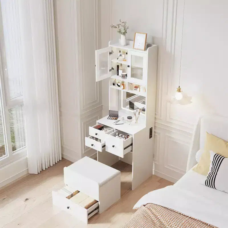Coiffeuse compacte, bureau de coiffeuse de maquillage avec miroir et lumières, ensemble table de coiffeuse blanc avec station de recharge, petite coiffeuse pour filles et chaise de rangement