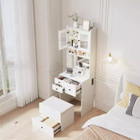 Coiffeuse compacte, bureau de coiffeuse de maquillage avec miroir et lumières, ensemble table de coiffeuse blanc avec station de recharge, petite coiffeuse pour filles et chaise de rangement