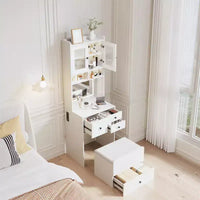 Coiffeuse compacte, bureau de coiffeuse de maquillage avec miroir et lumières, ensemble table de coiffeuse blanc avec station de recharge, petite coiffeuse pour filles et chaise de rangement