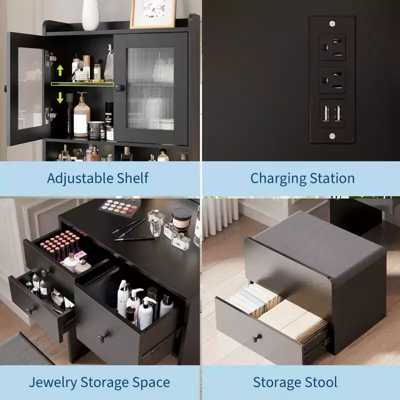 Coiffeuse compacte, bureau de coiffeuse de maquillage avec miroir et lumières, ensemble table de coiffeuse blanc avec station de recharge, petite coiffeuse pour filles et chaise de rangement