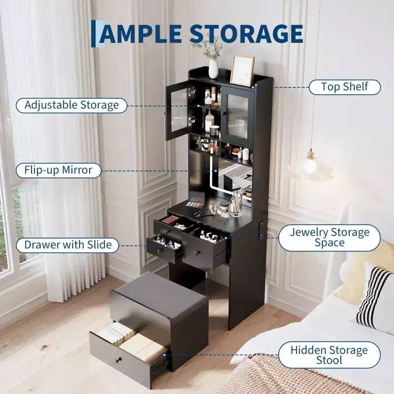Coiffeuse compacte, bureau de coiffeuse de maquillage avec miroir et lumières, ensemble table de coiffeuse blanc avec station de recharge, petite coiffeuse pour filles et chaise de rangement