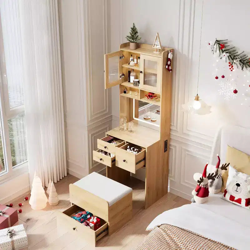 Coiffeuse compacte, bureau de coiffeuse de maquillage avec miroir et lumières, ensemble table de coiffeuse blanc avec station de recharge, petite coiffeuse pour filles et chaise de rangement