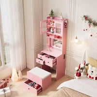 Coiffeuse compacte, bureau de coiffeuse de maquillage avec miroir et lumières, ensemble table de coiffeuse blanc avec station de recharge, petite coiffeuse pour filles et chaise de rangement