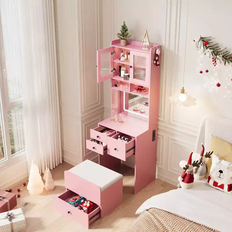 Coiffeuse compacte, bureau de coiffeuse de maquillage avec miroir et lumières, ensemble table de coiffeuse blanc avec station de recharge, petite coiffeuse pour filles et chaise de rangement