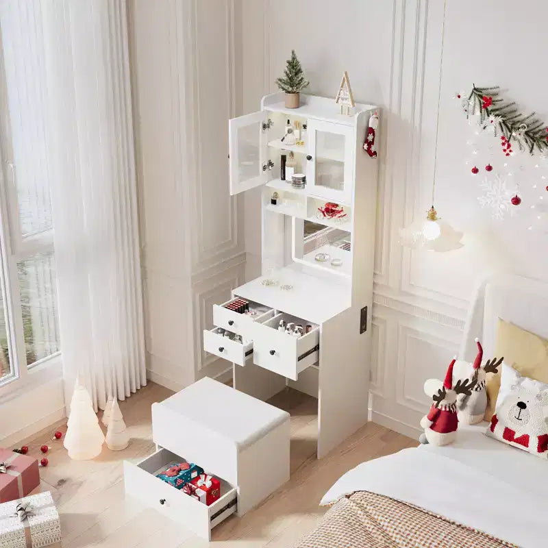 Coiffeuse compacte, bureau de coiffeuse de maquillage avec miroir et lumières, ensemble table de coiffeuse blanc avec station de recharge, petite coiffeuse pour filles et chaise de rangement