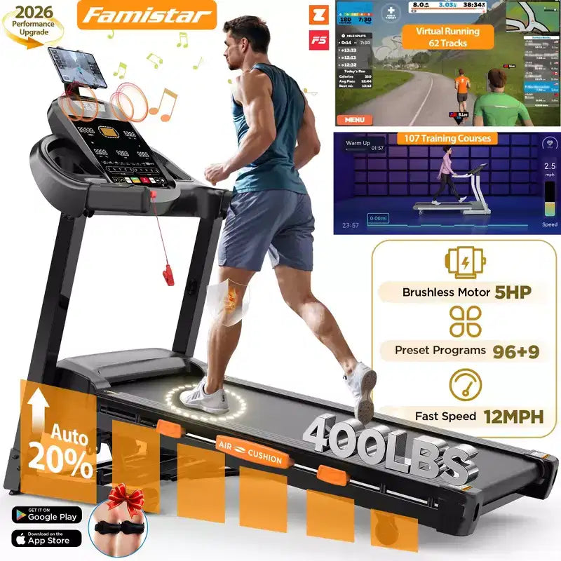 Tapis de course pliable 5.1 CV avec inclinaison automatique à 20 %, capacité 180 kg, vitesse 19 km/h, tapis de course portable pour la maison, 105 programmes, entraînement personnalisé avec application, course et marche
