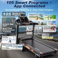 Tapis de course pliable 5.1 CV avec inclinaison automatique à 20 %, capacité 180 kg, vitesse 19 km/h, tapis de course portable pour la maison, 105 programmes, entraînement personnalisé avec application, course et marche