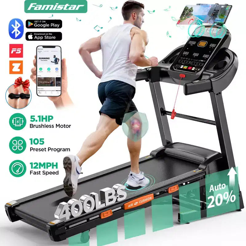 Tapis Roulant Pliable de 400 LB, 5 CV avec Inclinaison Automatique de 20%, Tapis de Course Portable 12 MPH pour la Maison, Entraînements Amusants avec APP, 105 Programmes, Absorption des Chocs