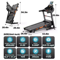 Tapis Roulant Pliable de 400 LB, 5 CV avec Inclinaison Automatique de 20%, Tapis de Course Portable 12 MPH pour la Maison, Entraînements Amusants avec APP, 105 Programmes, Absorption des Chocs