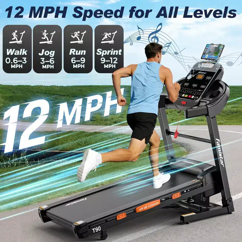 Tapis Roulant Pliable de 400 LB, 5 CV avec Inclinaison Automatique de 20%, Tapis de Course Portable 12 MPH pour la Maison, Entraînements Amusants avec APP, 105 Programmes, Absorption des Chocs