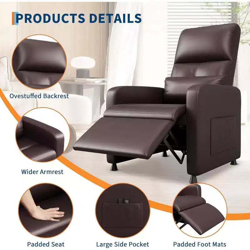 Fauteuil inclinable électrique Acekool, fauteuil inclinable électrique réglable en cuir PU avec port USB, poches latérales, canapé une place ergonomique pour salon, home cinéma