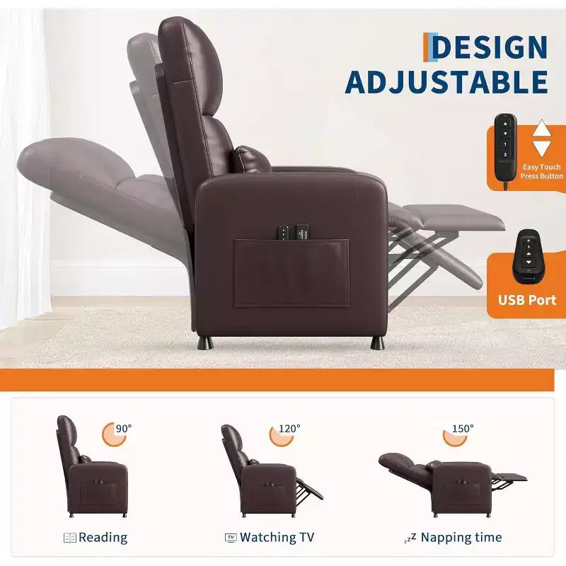 Fauteuil inclinable électrique Acekool, fauteuil inclinable électrique réglable en cuir PU avec port USB, poches latérales, canapé une place ergonomique pour salon, home cinéma