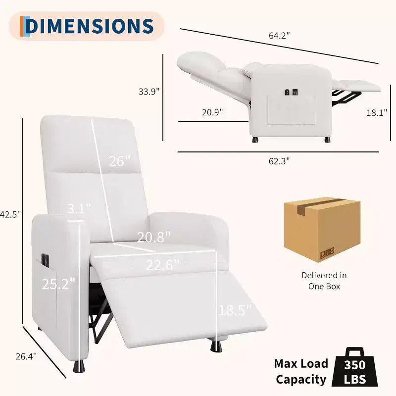 Fauteuil inclinable électrique Acekool, fauteuil inclinable électrique réglable en cuir PU avec port USB, poches latérales, canapé une place ergonomique pour salon, home cinéma
