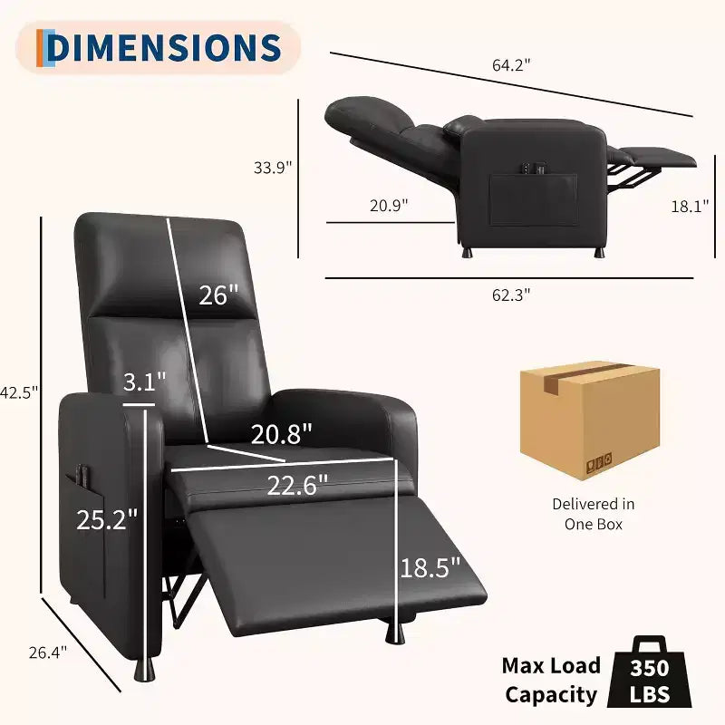 Fauteuil inclinable électrique Acekool, fauteuil inclinable électrique réglable en cuir PU avec port USB, poches latérales, canapé une place ergonomique pour salon, home cinéma