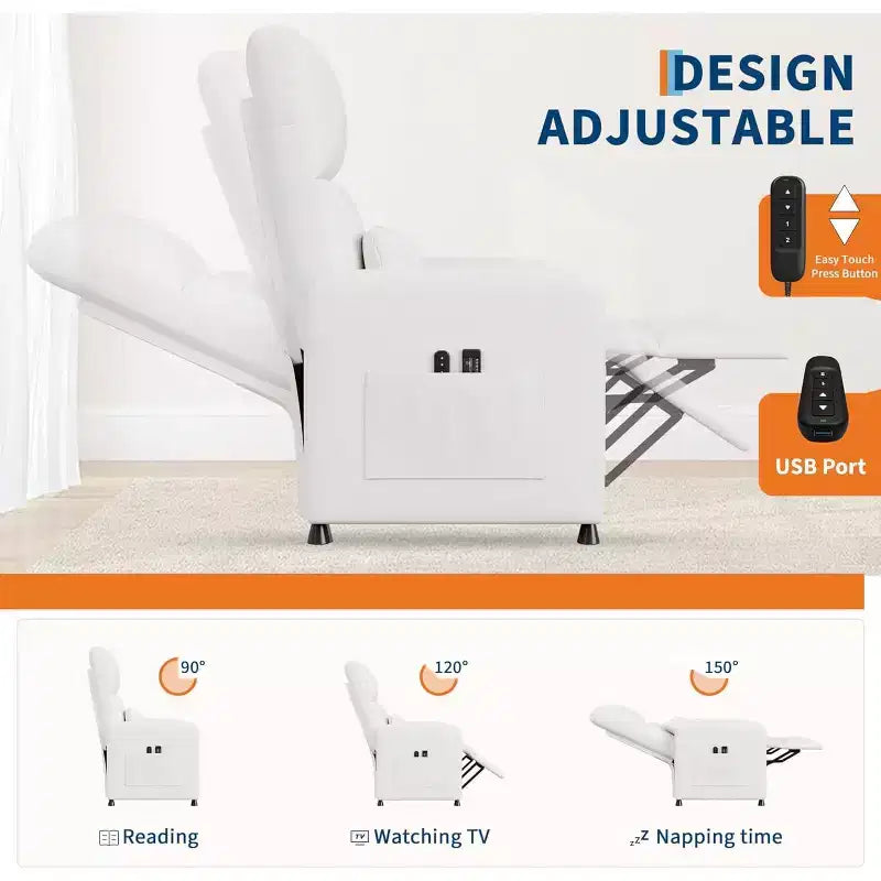 Fauteuil inclinable électrique Acekool, fauteuil inclinable électrique réglable en cuir PU avec port USB, poches latérales, canapé une place ergonomique pour salon, home cinéma