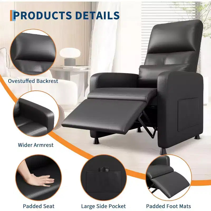 Fauteuil inclinable électrique Acekool, fauteuil inclinable électrique réglable en cuir PU avec port USB, poches latérales, canapé une place ergonomique pour salon, home cinéma