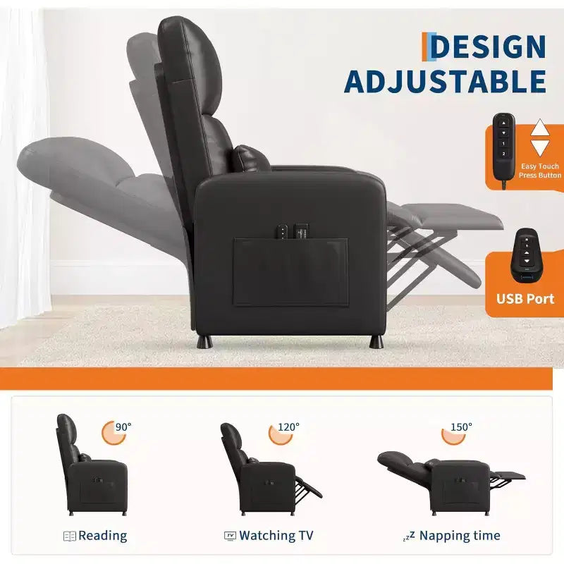 Fauteuil inclinable électrique Acekool, fauteuil inclinable électrique réglable en cuir PU avec port USB, poches latérales, canapé une place ergonomique pour salon, home cinéma