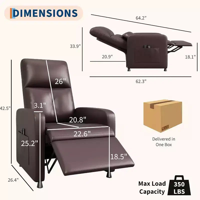 Fauteuil inclinable électrique Acekool, fauteuil inclinable électrique réglable en cuir PU avec port USB, poches latérales, canapé une place ergonomique pour salon, home cinéma