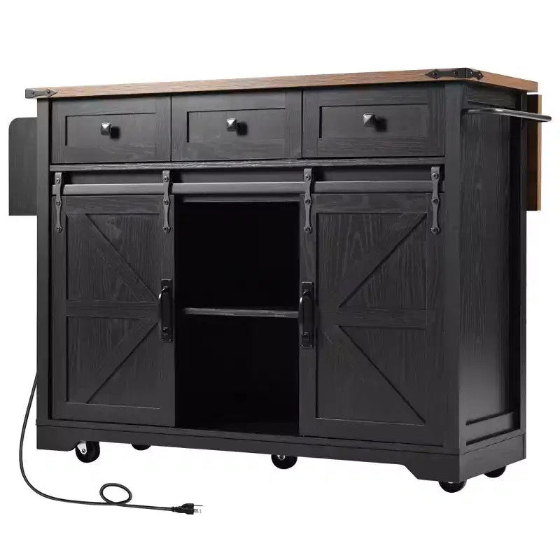 Chariot de cuisine roulant sumyeg 53.7 avec portes de grange, abattant, prise de courant et étagère à épices (sans tabourets)