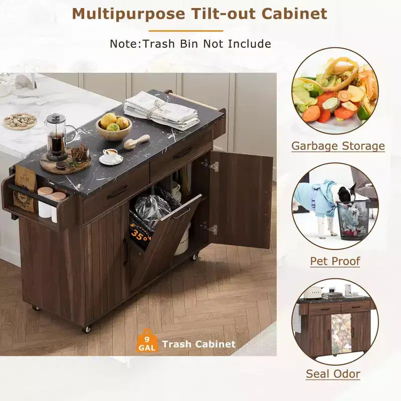 Chariot îlot de cuisine sumyeg avec rangement poubelle, abattant, étagère à épices, porte-serviettes et tiroir, chariot roulant avec étagère réglable pour cuisine
