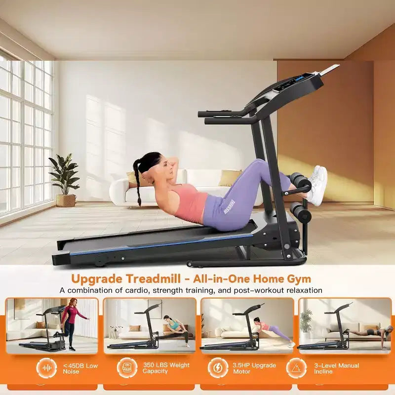 Tapis de course pliable HOMDOX 2026, version améliorée 3,5 CV, avec banc d'abdominaux | Inclinaison/Capacité 159 kg | Écran LCD intelligent – Graisse corporelle/Fréquence cardiaque, équipement d'exercice multifonctionnel