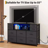 Commode 10 tiroirs en tissu, meuble TV avec plateau en bois, étagères ouvertes, meuble TV pour téléviseur de 40 à 55 pouces, commode de rangement pour chambre à coucher ou salon