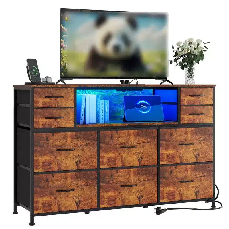 Commode 10 tiroirs en tissu, meuble TV avec plateau en bois, étagères ouvertes, meuble TV pour téléviseur de 40 à 55 pouces, commode de rangement pour chambre à coucher ou salon