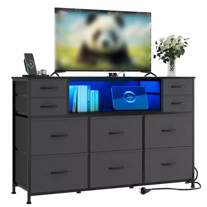 Commode 10 tiroirs en tissu, meuble TV avec plateau en bois, étagères ouvertes, meuble TV pour téléviseur de 40 à 55 pouces, commode de rangement pour chambre à coucher ou salon