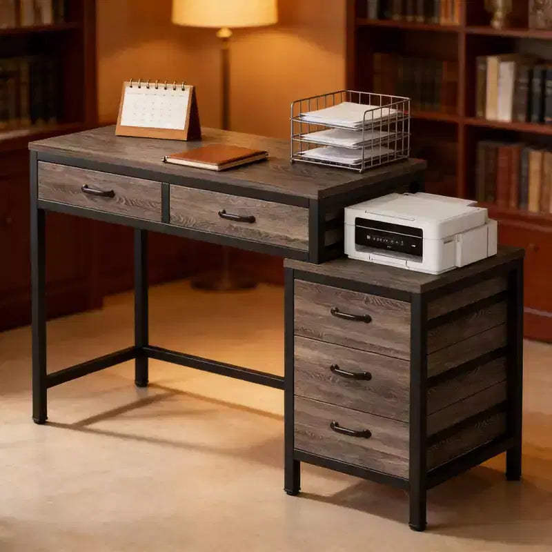TUYOHW Bureau moderne avec caisson à tiroirs, bureau informatique compact à 2 tiroirs et meuble de classement à 3 tiroirs, table d'écriture pour bureau à domicile, étude