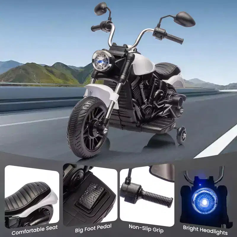 Coolmee Moto électrique 12V pour enfants, moto 3 roues à enfourcher avec roulettes d'apprentissage, marche arrière, phare, klaxon, musique, jouet à enfourcher pour garçons et filles