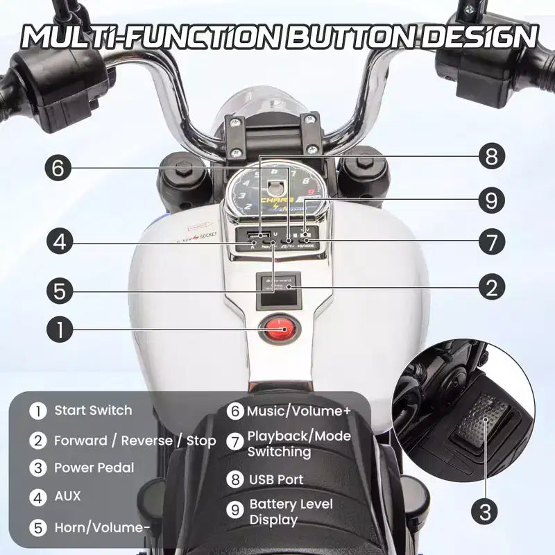 Coolmee Moto électrique 12 V pour enfants, moto à 3 roues avec roues stabilisatrices, marche arrière, phare, klaxon, musique, jouet porteur pour garçons et filles