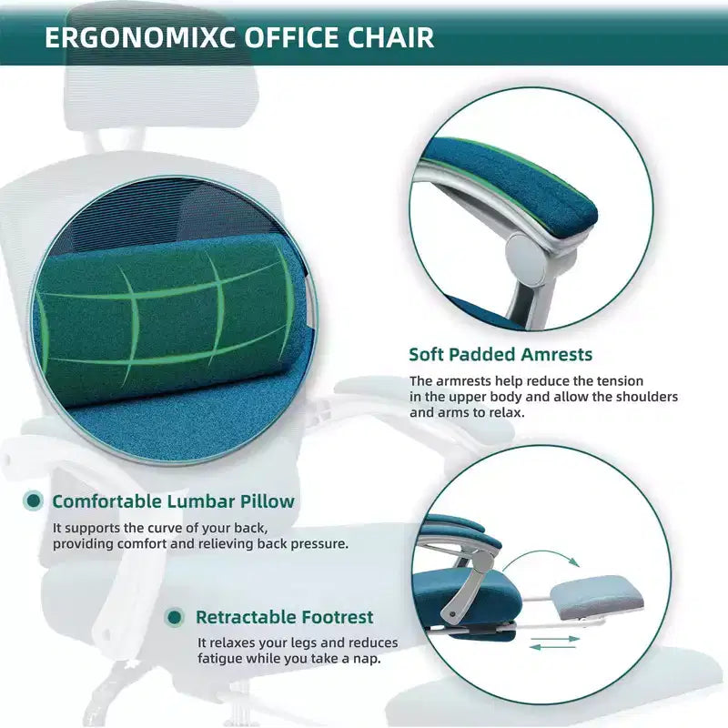 Chaise de bureau ergonomique TUYOHW avec repose-pieds rétractable, chaise gaming avec coussin de soutien lombaire et accoudoirs rembourrés, chaise pivotante pour le bureau