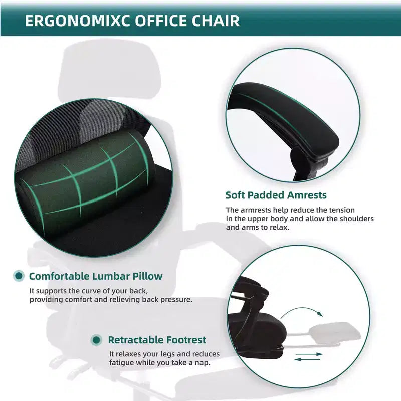 Chaise de bureau ergonomique TUYOHW avec repose-pieds rétractable, chaise gaming avec coussin de soutien lombaire et accoudoirs rembourrés, chaise pivotante pour le bureau
