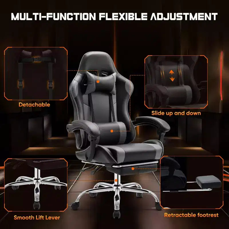 Chaise de jeu ergonomique TUYOHW avec repose-pieds, fauteuil inclinable en cuir PU avec appuie-tête et accoudoir fixe, chaise d'ordinateur pour le bureau et l'étude