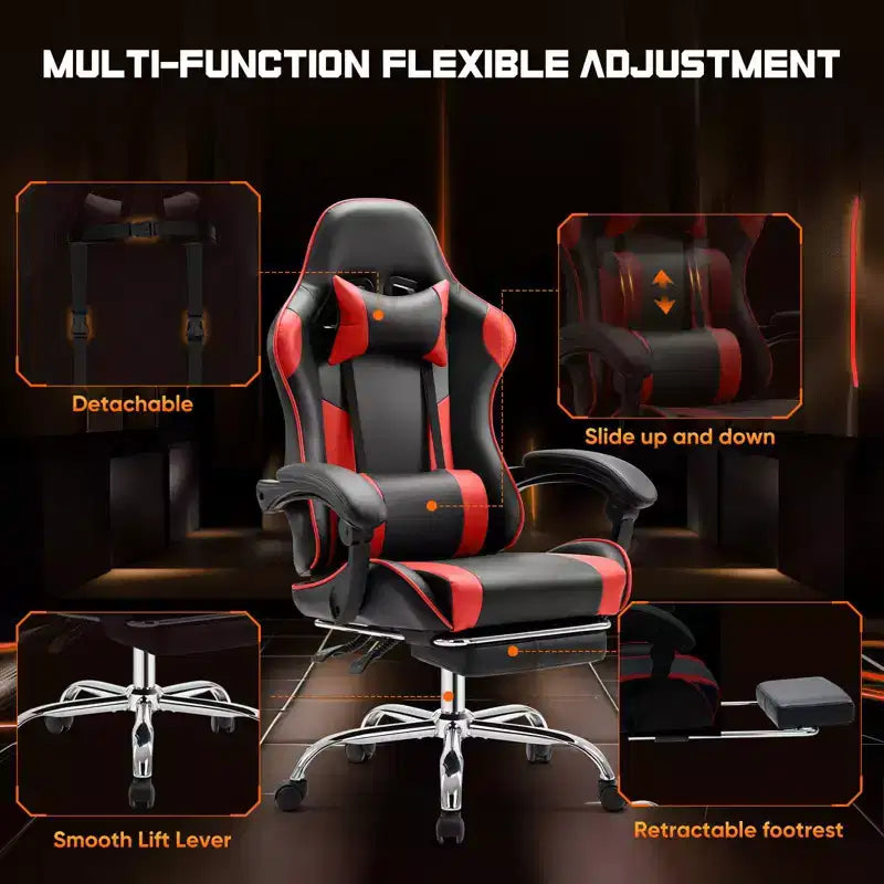 Chaise de jeu ergonomique TUYOHW avec repose-pieds, fauteuil inclinable en cuir PU avec appuie-tête et accoudoir fixe, chaise d'ordinateur pour le bureau et l'étude