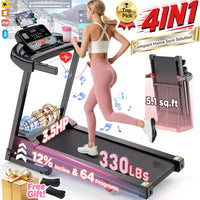 Tapis de course pliable 3,5 CV pour la maison/le bureau, inclinaison sur 3 niveaux, 12 km/h, 64 programmes, cours GRATUITS et contrôle par application, moniteur de fréquence cardiaque, tapis de course pour la course et la marche
