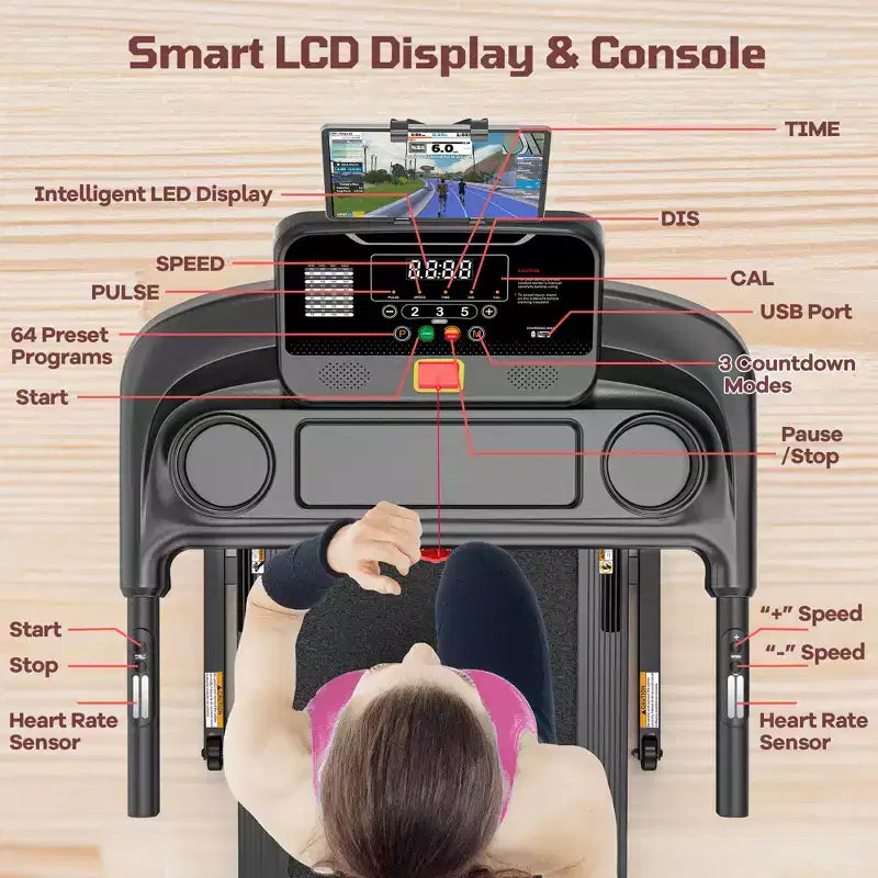 Tapis de course pliable 3,5 CV pour la maison/le bureau, inclinaison sur 3 niveaux, 12 km/h, 64 programmes, cours GRATUITS et contrôle par application, moniteur de fréquence cardiaque, tapis de course pour la course et la marche