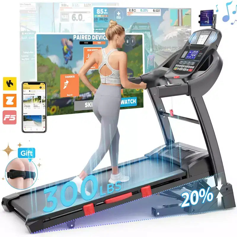 Tapis de course 4,5 CV en liquidation, machine de jogging avec contrôle par application et haut-parleur Bluetooth