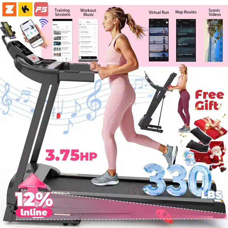 Tapis de course électrique 4-en-1 de 3,75 CV avec haut-parleur Bluetooth HiFi, 3 niveaux d'inclinaison, 12 km/h