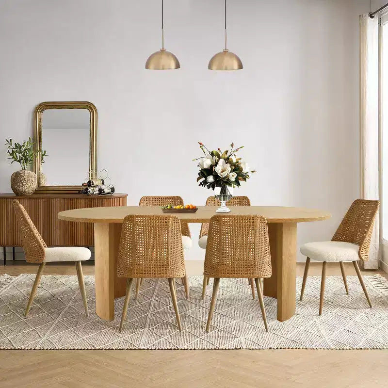 Ensemble de salle à manger 6 places, chaises de salle à manger rembourrées avec dossiers en rotin et table ovale avec finition en bois naturel, pour cuisine ou salle à manger - Panipeachy