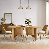 Ensemble de salle à manger 6 places, chaises de salle à manger rembourrées avec dossiers en rotin et table ovale avec finition en bois naturel, pour cuisine ou salle à manger - Panipeachy