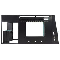 Lit mezzanine de jeu en L avec bureaux, lits superposés doubles avec lumières LED, ports USB, étagères de rangement, lit mezzanine d'angle en bois pour 2 personnes