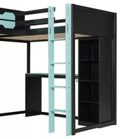 Lit mezzanine de jeu en L avec bureaux, lits superposés doubles avec lumières LED, ports USB, étagères de rangement, lit mezzanine d'angle en bois pour 2 personnes