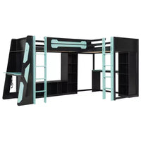 Lit mezzanine de jeu en L avec bureaux, lits superposés doubles avec lumières LED, ports USB, étagères de rangement, lit mezzanine d'angle en bois pour 2 personnes