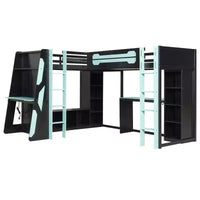 Lit mezzanine de jeu en L avec bureaux, lits superposés doubles avec lumières LED, ports USB, étagères de rangement, lit mezzanine d'angle en bois pour 2 personnes